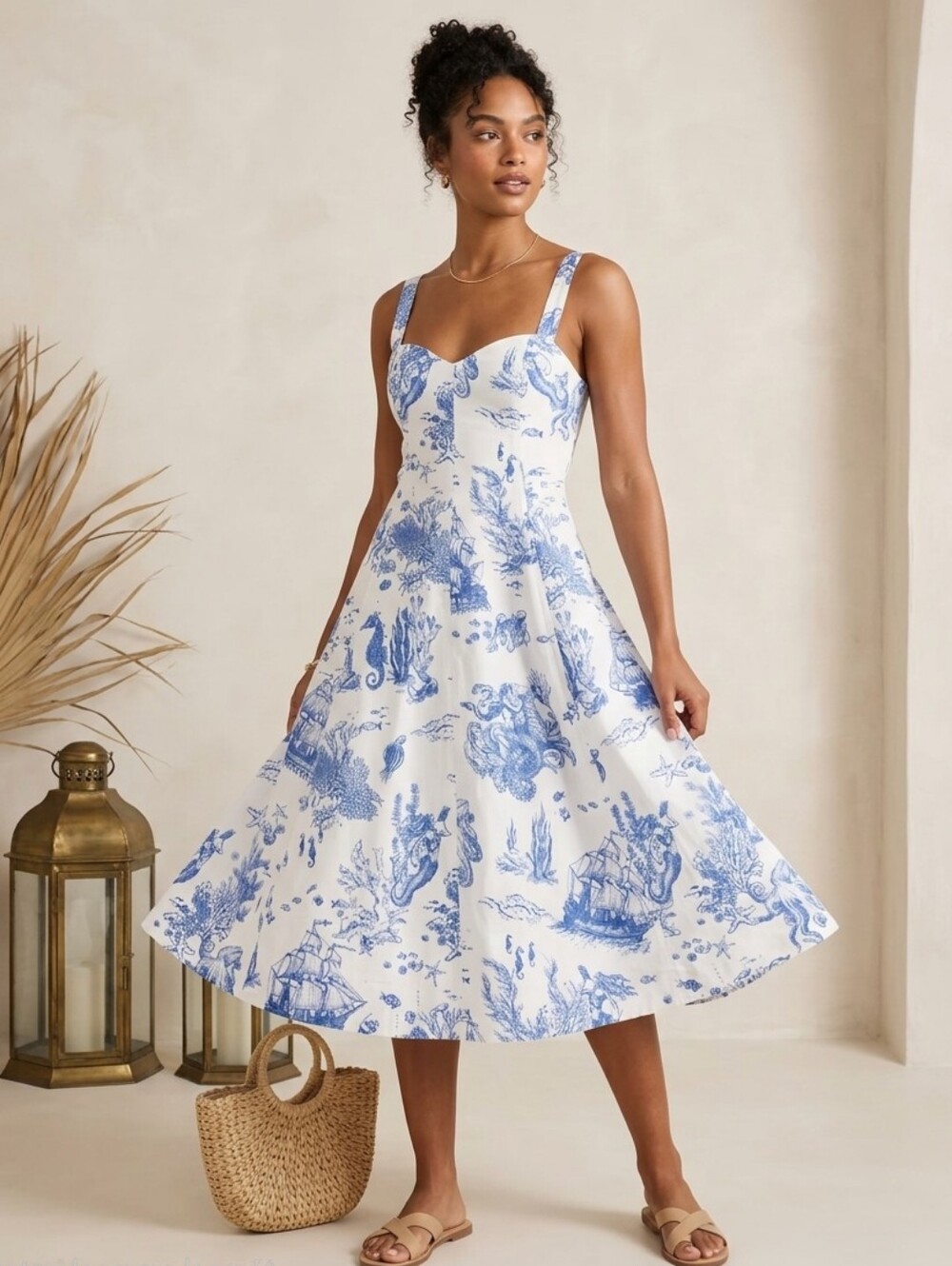 Avec Les Filles Nautical Mermaid Toile Fit & Flare Midi Dress Sz 10